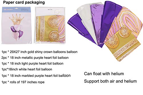 Purple Heart Gold Crown Balloons Pack Of 6 Foil Helium Mylar Balloons ,Metallic Purple,Light Purple, Agate Marble Purple Balloon For Mermaid Party Unicorn Party Valentine's Day Birthday Decorations Wedding Baby Shower Supplies #TOP1