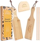 Gnocchi Board Set for Rolling Dough - 2x Paddles, 2x Rollers & 1x Cutter, Bamboo Pasta Shaper Tools Butter Maker, Garganelli Cavatelli Tortellini Cavarola Roller (Gnocchi Board Set 4)