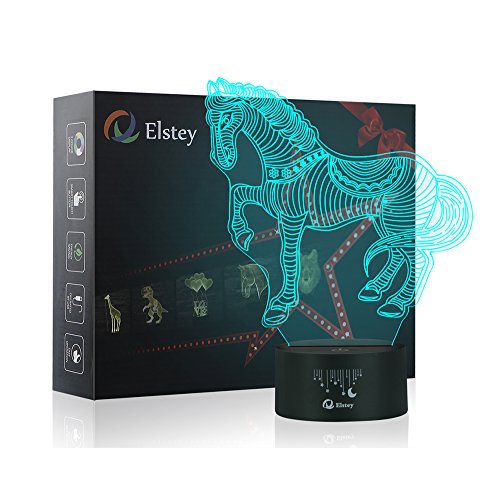 Animals War Horse 3D Night Light Touch Table Desk Lamps, Elstey 7 Color Changing Lights with Acrylic Flat & ABS Base & USB Cable