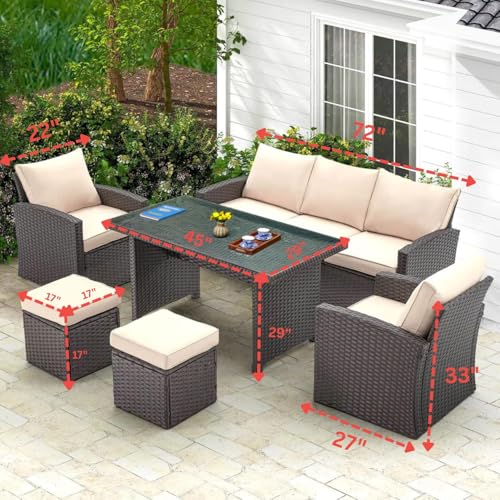 Image of DEVOKO Outdoor Patio Sectional Sofa Couch, Wicker Furniture Conversation Sets And Ottomans With Washable Cushions & Center Table For Garden, Poolside (Dark Brown And Cream, 7-Person Sofa)