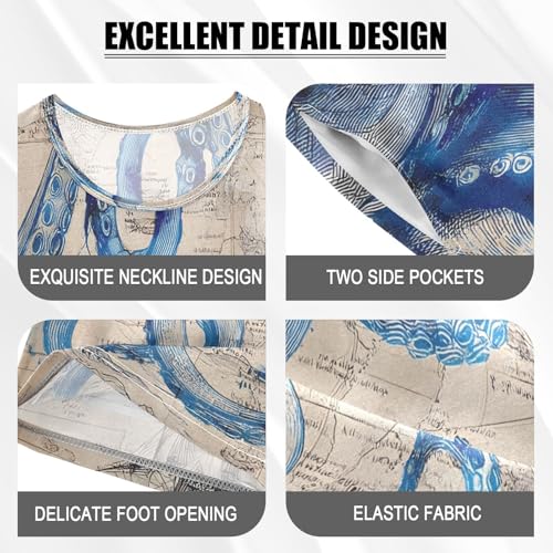 ALAZA Nautical Map Blue Octopus Kraken Ship Pajamas Set Short Sleeve Cotton Sleepwear Summer Pjs 2 Piece 5-14Y4