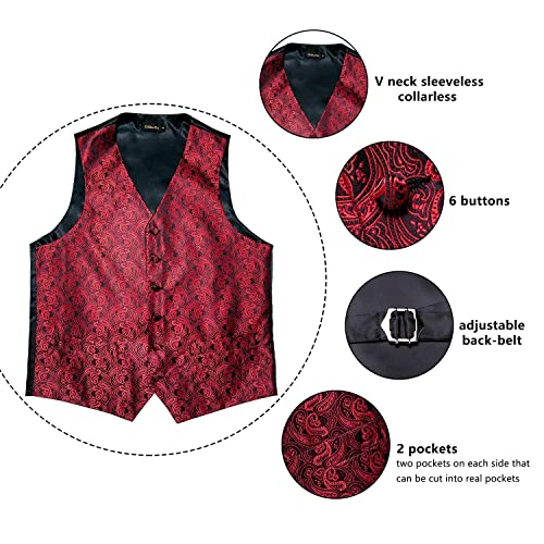 Image of DiBanGu Mens Paisley Vest Silk Sleeveless Suit Vest and Neck Tie Pocket Square Cufflinks Set for Wedding Formal