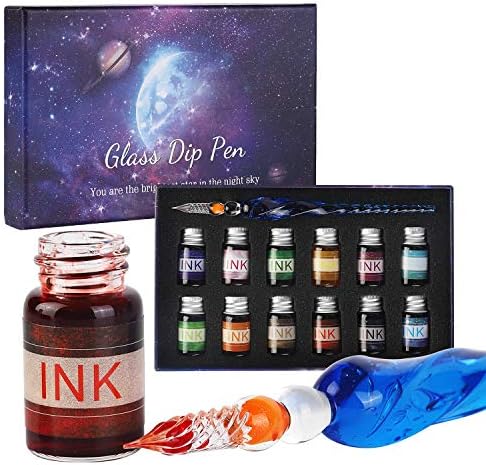 GC Glass Dip Pen - Calligraphy Pens for Beginners Set- 1 Glass Dip Pen & 12 Coloured Ink- for Greeting Cards, Poster Cards, Signatures, Calligraphy, Drawing, Writing, Decoration and Gift GC-17