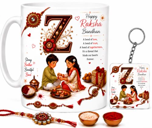 Image of Raksha Bandhan Alphabet Z Coffee Mug with Matching Square Keychain | Includes Rakhi, Roli & Chawal | 350 ML Ceramic Printed Cup | Brother Sister Festival Collection
