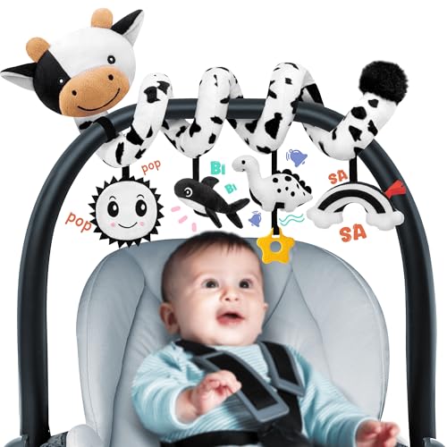 Spiral Car Seat Baby Toys 0-6 Months, Infant Carseat High Contrast Sensory Toys Hanging Stroller Accessories, Newborn Christmas Shower Gifts for Baby Boys Essentials Stuff, Cute Black and White Cow