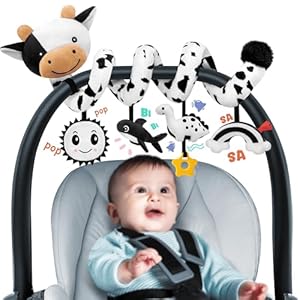 Spiral Car Seat Baby Toys 0-6 Months, Infant Carseat High Contrast Sensory Toys Hanging Stroller Accessories, Newborn Shower Gifts for Baby Boys Essentials Stuff, Cute Black and White Cow