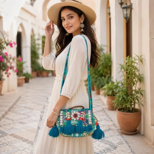 Image of MOMISY Handicraft Handmade Cotton Ethnic Rajasthani Embroidered Banjara Bags for Women Sling Clutch with Handle Purses for Ladies Girls