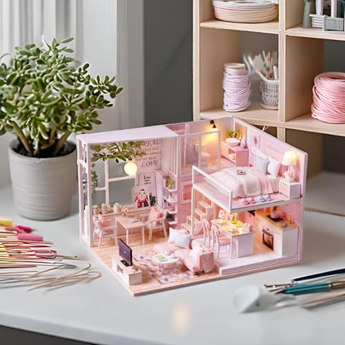 Image of TuKIIE DIY Miniature Dollhouse Kit with Furniture, 1:24 Scale Creative Room Mini Wooden Doll House Accessories Plus Dust Proof & Music Movement for Kids Teens Adults(Tranquil Life)