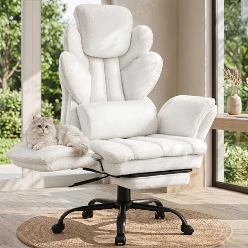 Image of Flip Armrests Criss Cross Office Chair, Reclining Office Chair with Foot Rest, Adjustable Headrest, Massage Waist Pillow, Cross Legged Big and Tall Desk Chair Wide Seat Vanity Chair, White Fabric