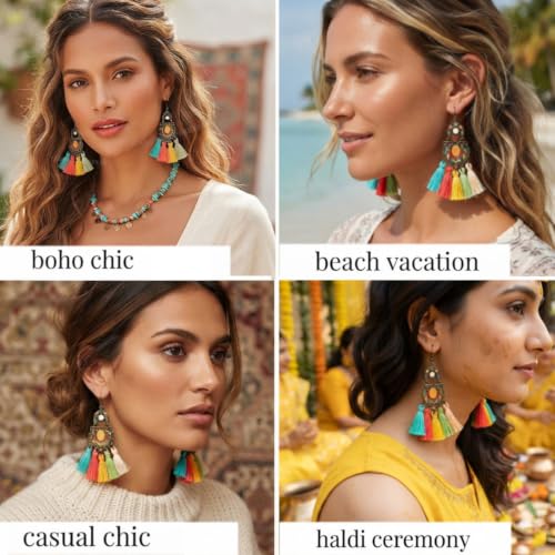 Image of Young & Forever Gift Boho Carnival Sea Island Long Tassel Earrings Handmade Beaded Bohemian Women Statement Beads Dangle Earrings Ethnic Jewelry Fringe Earrings