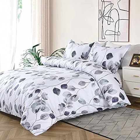 Caurbed Microfibre Bed Linen Duvet Cover with 1 Pillowcase 80 x 80 cm, Soft Bed Linen, Single Bed, Leaf and Floral Pattern Bedding Set (135 x 200 cm, Leaves) Cover