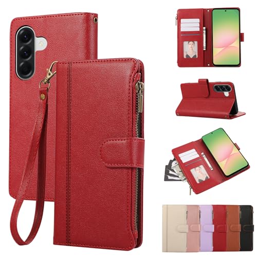 Rosbtib Custodia per Samsung Galaxy A56 5G 6.7 Pollici 2025 Custodia in Pelle Chiusura Magnetica a Zip Cover Portafoglio con 4 Slot per Schede Funzione Stand Retro Galaxy A56 5G Cover, Rosso