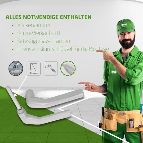 Amig - Türgriffgarnitur ohne Rosette aus Aluminium, matt silberfarben - 130 x 61 mm - Mod. 2113-8 mm Vierkant - Für Türen von 35 bis 65 mm
