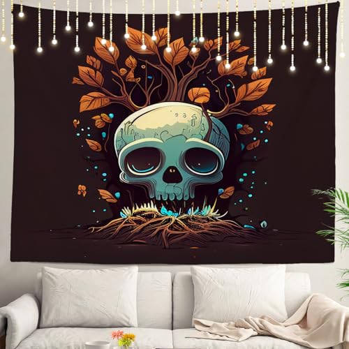 Shrahala Happy Halloween Funny Tapestry, Skeletons Cartoons Leaves Fireflies Wall Hanging Hd Print Polyester Backdrop For Dorm Room Bedroom 51.2 X 59.1 In