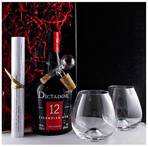 Geschenk Dictador 20 Jahre Rum + 1 Glaskugelportionierer + 2 Rhum Gläser