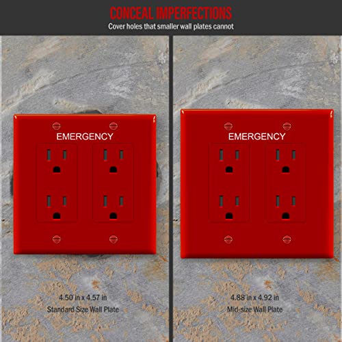 Image of ENERLITES 2-Gang Red Mid-Size Decorator Switch Outlet Wall Plate Cover | Emergency Label, 1 Pack, Size 4.88 inchx4.92 inch, Fits switch /outlet /receptacle, Gloss, Durable Polycarbonate, UL Listed