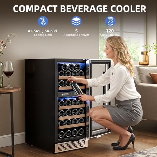 Image of Antarctic Star Wine Fridge 15 Inch Wine Cooler Refrigerator,27 Bottles Dual Zone Freestanding or Bulit-in Wine Cooler Fridge with Stainless Steel Double-Layer Tempered Glass Door,3.1cu.ft