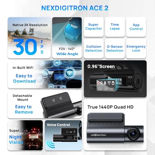 Image of NEXDIGITRON ACE 2 Dash Camera, Native 2K 1440P, 0.96 inch Screen, Voice Control, Super-Capacitor, F1.8 6G Lens, Optional Parking Mode, Upto 256GB Supported