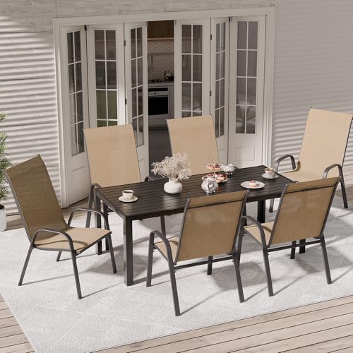 Image of Patio Chairs Set of 6, Outdoor Dining Chairs Stackable for All Weather, Breathable Metal Modern Outside Furniture Chair for Pool Side, Garden, Backyard Deck, Brown