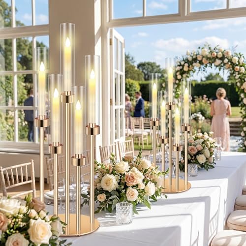 Tandefio 8 Set Gold Candelabra Centerpieces for Tables, 26.8 Inch 5 Arm Candle Holders with LED Candles and Acrylic Cylinders, Tall Acrylic Wedding Table Centerpieces for Reception Dinner Party Decor by Tandefio - Image 2
