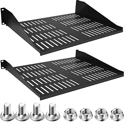 Image of 2 Pcs 1U 2U Server Rack Shelf Universal Vented Rack Mount Shelf 19 Inch Network Server Mounting Tray for Air Circulation Network Equipment and Cabinet Wall Mount, 14.5 Inch Deep