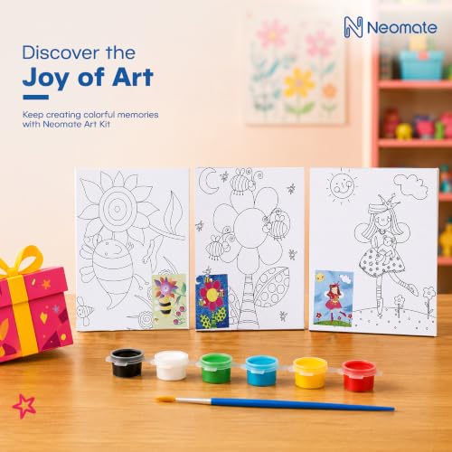 Image of Neomate Canvas Painting Kit for Kids | DIY Painting Set with 3 Printed Canvas, 6 Acrylic Paint Pots & Brush | Art and Craft Kit, Paint Kit for Kids, Birthday Gift, Return Gift, Creative Activity Set