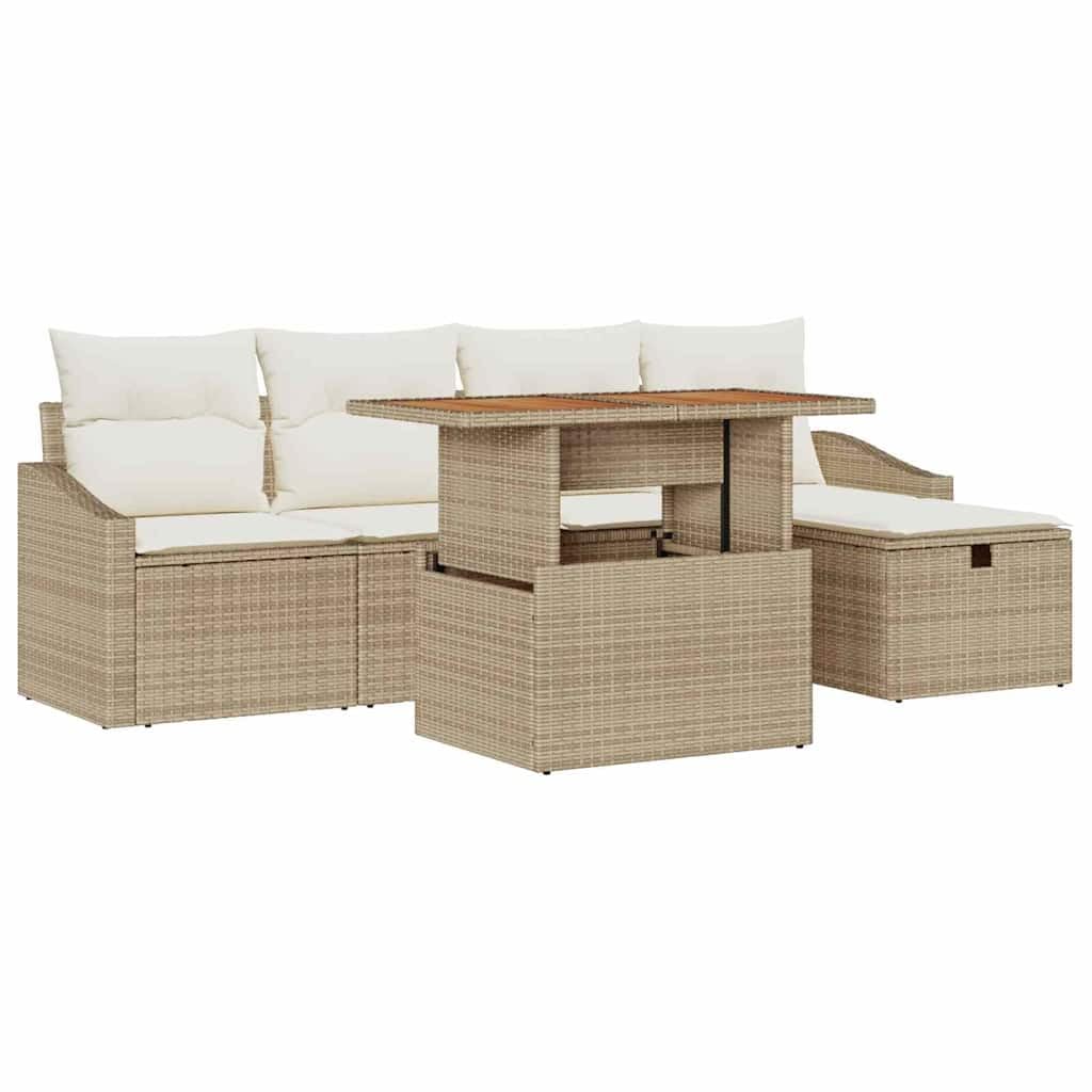 Juego de 6 sofás de jardín con cojines, polirratán, modular, mesa de altura ajustable, para terraza y balcón, muebles de salón al aire libre