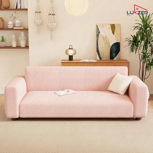 Image of Lukzer 5 Seater Pastel Pink Grid Maze Pattern Sofa Cover | 240 GSM Universal Stretch Fit 3+1+1 Jacquard Fabric Couch Protector | Fully Covered Anti Slip & Washable Sofa Cover (SC-108-05)