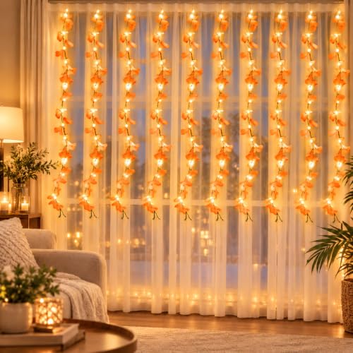 Image of One94Store Peach Artificial Flower Curtain LED String Lights - 200 LED Warm White Fairy Lights, 8 Modes, AC Plug, Orange Flower Lights for Diwali, Balcony, Bedroom, Wedding & Home Decor (10x3 Ft)