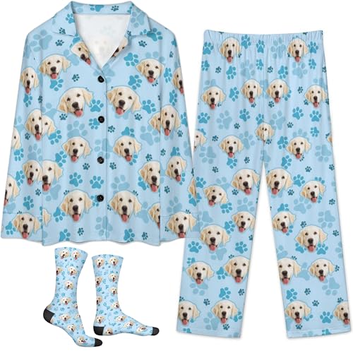 D-Story Personalized Pajamas with 1-8 Faces for Women Men, Custom Christmas Pjs, Pajamas Gifts For Family,Cat Mom,Dog Mom