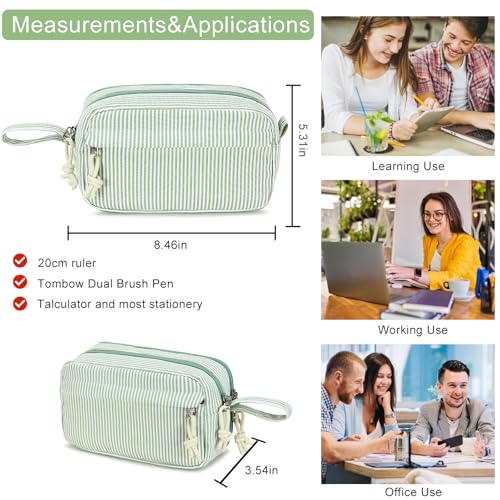 Image of Bluboon Big Capacity Pencil Case Pencil Pouch Pen Case School Supplies Cute Pencil Box Pencil Bag for Teen Girls Boys Women Man (Green White Stripes)
