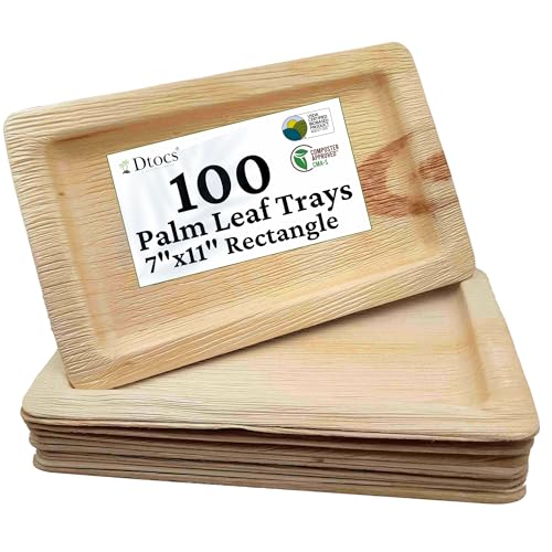 Palm Leaf Rectangle Plates (Pack of 100) | Compostable Disposable Trays for Food | Eco-Friendly Alternative to Paper Plates