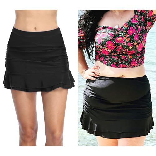 Image of Hilor Women's Skirted Bikini Bottom High Waisted Swim Bottom Shirred Ruffle Swim Skirt