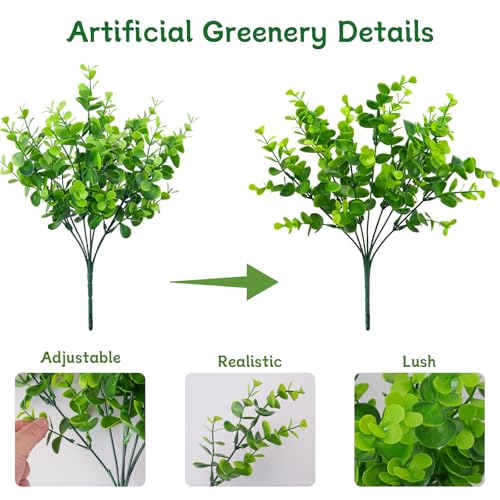Image of Fake Outdoor Greenery Fake Green Plant Plastic Faux Greenery Stems 24PCS | UV Resistant Mixed Fern Boxwood Monkey Grass for Outdoor Planter Window Box Kitchen Home Decor Indoor