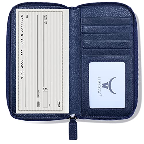 Image of HISCOW Leather Checkbook Cover, Zippered Wallet, Pebbled Blue | Full grain cowhide, 5cc & ID window, personal check book & register pockets, removable duplicate divider, women secure zipper