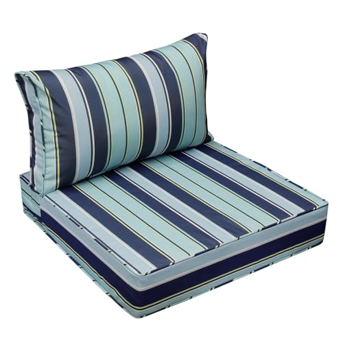 Image of AAAAAcessories Outdoor Seat Cushions for Chairs, Fade-Resistant, Waterproof Patio Furniture Replacement Cushions, 25.5 inch x 25.5 inch x 5 inch + 25.5 inch x 13.5 inch, Ash Teal Seaside Stripe