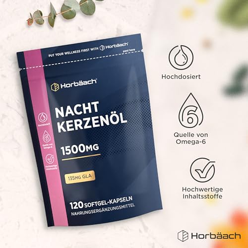 Nachtkerzenöl Kapseln Hochdosiert 1500mg | 120 Evening Primrose Oil Softgel Capsules | mit Omega 6 und GLA | von Horbaach