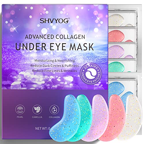 Under Eye Patches, 20 Pairs Under Eye Mask for Dark Circles and Puffiness, Eye Gel Pads for Puffy Eyes, Anti Aging Eye Bags Treatment for Women - Pearl, Green Tea, Camellia, Marine Collagen, Lavender