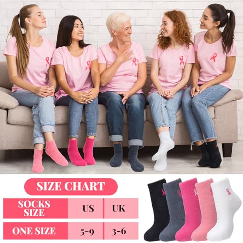 JenPen 5 Pairs Breast Cancer Awareness Fuzzy Socks for Women Pink Ribbon Slipper Socks Plush Thick Warm Cancer Awareness Survivors Chemo Gifts Bulk Accessories4