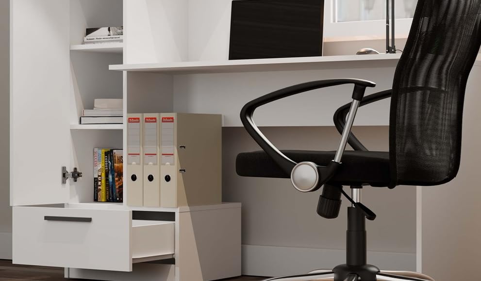 BDW Cosmo Scrivania con mensole, larghezza 143 cm, altezza 140 cm, profondità 50 cm, scaffale integrato con porta, cassetto, asilo nido, ufficio, adolescenti, bianco