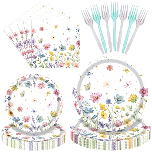 100 Pieces Spring Tableware Set Wildflower Disposable Plates and Napkins for Garden Parties Baby Showers Bridal Showers and Spring Celebrations Serves 25