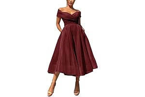 Elegant Tea Length Formal Dress: Off-Shoulder with Pleated Tulle and Pockets