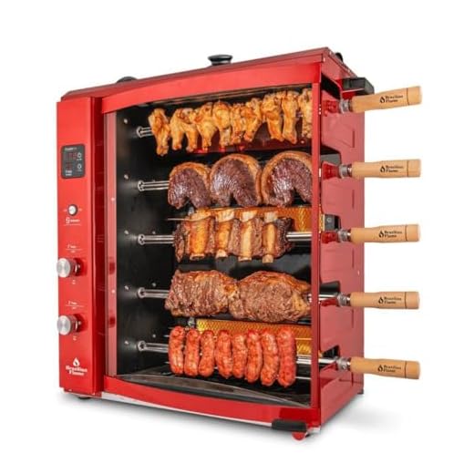 Brazilian Flame Rotisserie Grill Roaster with 5 Auto Rotating Skewers in Red for Rotisserie Chicken, Steak, Fish, Brazilian Style BBQ and Churrasco, Modern Portable Smoke-Free Propane Grill