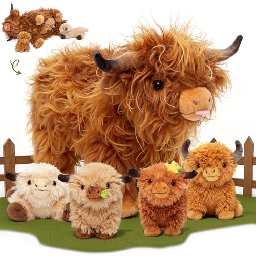 OUOZZZ Highland Cow Teddy – 14.5" Mother with 4 Baby Plushies Inside – Soft Plush Highland Cow Gifts for Boys & Girls, Birthday, Christmas & Easter Present