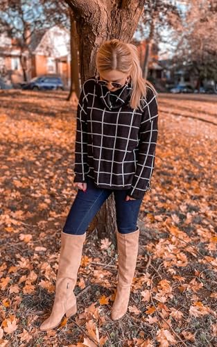 Image of ECOWISH Women Fall Pullover Sweater Turtleneck Plaid Long Sleeve Loose Casual Chunky Checked Knit Winter Sweaters Jumper Tops