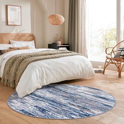 Navy Blue Gray Neutral Multi 6' Round Rug Washable Rug for Entryway Soft Non-Slip Area Rugs Modern Abstract Low-Pile Carpet, Neutral Vintage Circle Rugs for Living Room Dining Bedroom Foyer