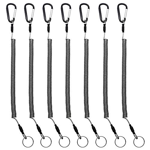 BB Hapeayou Coiled Lanyard (7pcs) Safety Retractable Coiled Tether with Carabiner for Fishing, Pliers, Boating, Tool (Black)