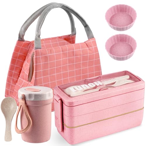Kisstta Bento Box Japanese Lunch Box for Kids Stackable 3-in-1 Compartment Bento Lunch Boxes Set with Bag, Utensils, Cake Cups - Adults Durable Leakproof Lunch Boxes