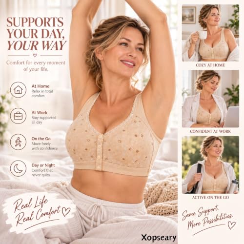 Front Closure Bras for Women Khaki XL Full Coverage Floral Plus Size Bra - image 4