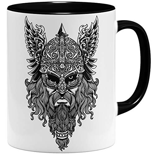 OM3® Viking-Valknut Taza | Taza de cerámica | 11 oz 325 ml | Odin Wikinger Skull Nordic Warrior | Negro